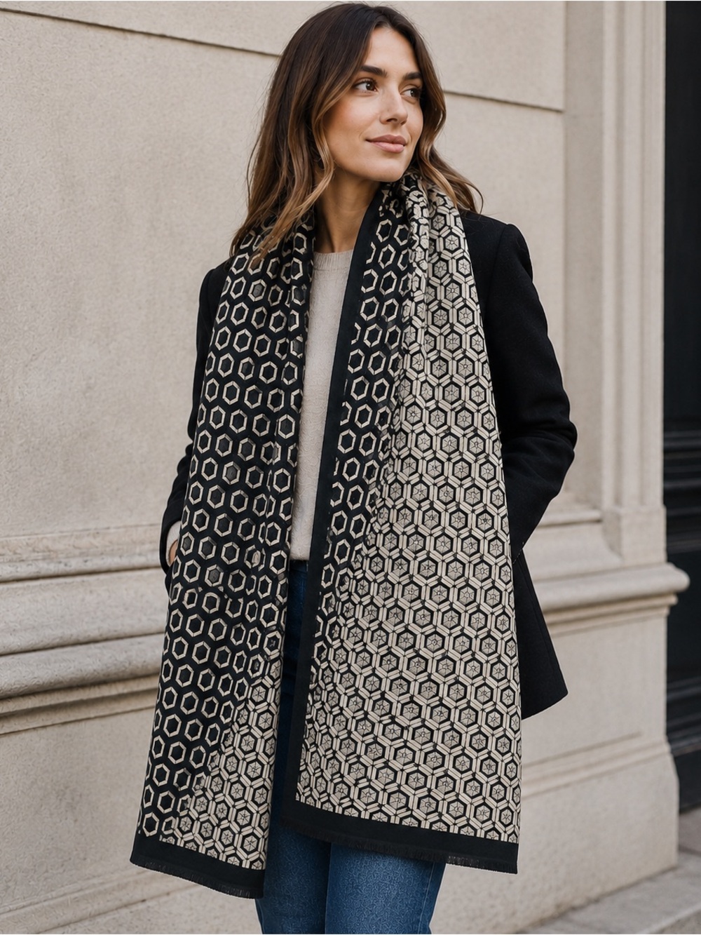 Oversized Cashmere Blanket Scarf Wrap Shawl 26” x 72” Black Ivory Geometric Soft